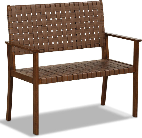 Outdoor All Weather Bench with Solid Rubber Wood Frame and Hand Woven PU Leather