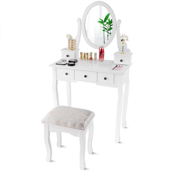 Dressing Table Set with Oval Mirror Stool and 5 Storage Drawers