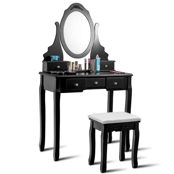 Wooden Vanity Set with 360¡ã Rotating Oval Mirror and Cushioned Stool-Black