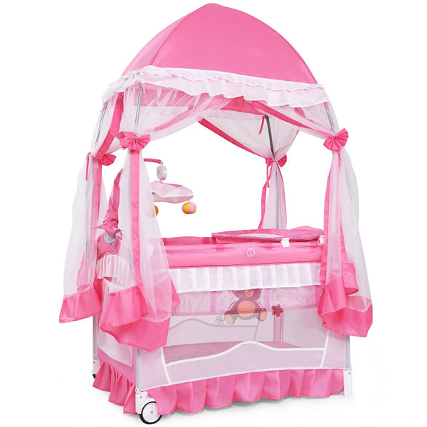 4 in 1 Pack and Play with Canopy, Portable Baby Playard with Bassinet, Double-Layer Baby Crib, Wheels & Brake, Foldable Baby Girl Pink Bassinet from Newborn to Toddler