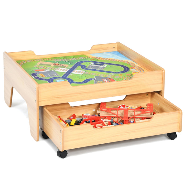 Childrens Wooden Railway Set Table with 100 Pieces Storage Drawers