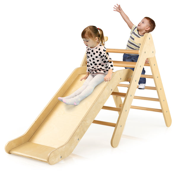 2-in-1 Wooden Triangle Climber Set with Gradient Adjustable Slide