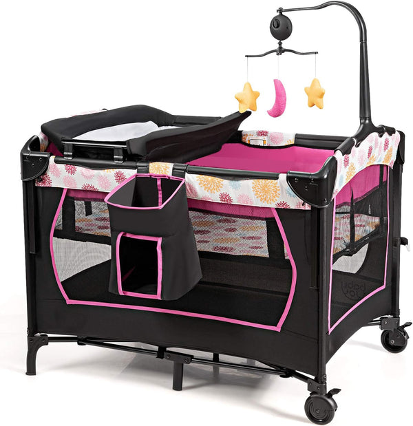 3-in-1 Convertible Portable Baby Playard with Music Box and Wheel and Brakes