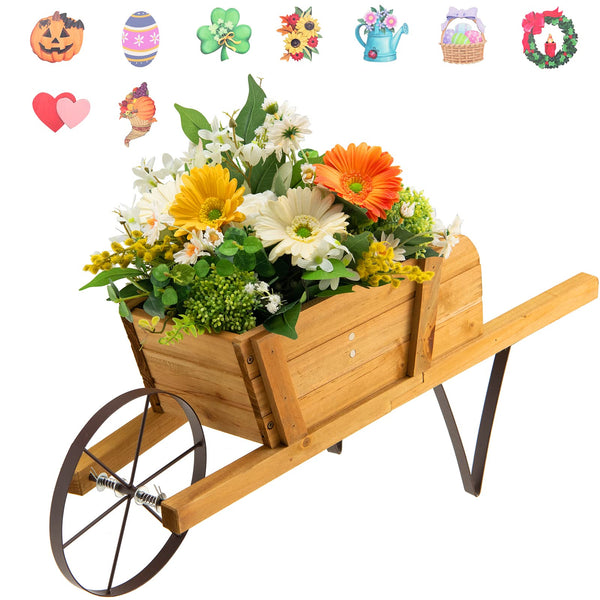 Wooden Wagon Planter with 9 Magnetic Accessories for Garden Yard