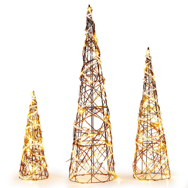 Set of 3 Lighted Rattan Cone Trees with LED Lights and Metal Frame