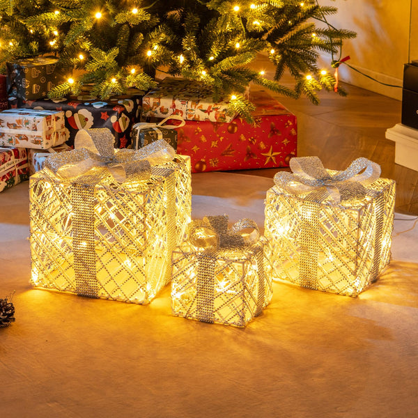 3 Pack Christmas Lighted Gift Box with 50 LED Lights and Detachable Bows